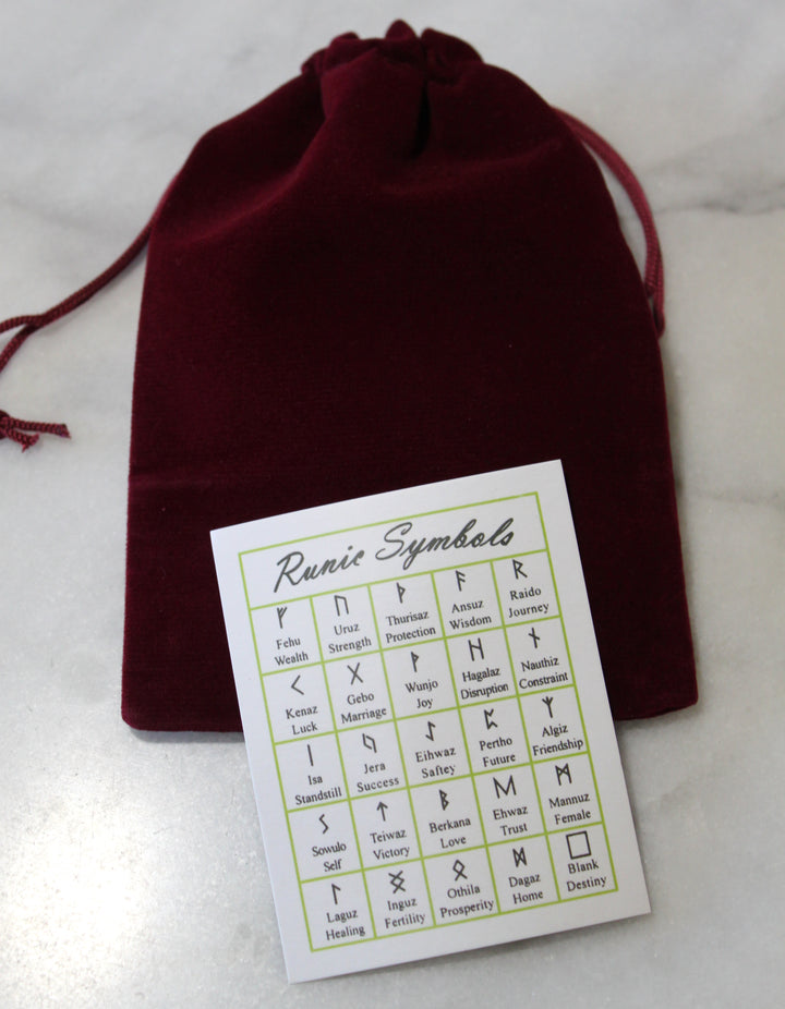 Elder Futhark symbol reference card and drawstring storage bag from the Fluorite Viking Rune Stone Set